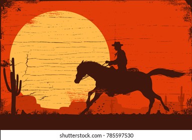 Silhouette of a cowboy riding a wild horse at sunset on a wooden sign, vector