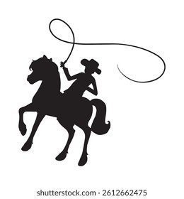 silhouette of cowboy, rope, lasso and horse.