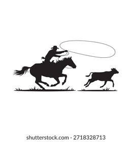 Una silueta de un vaquero que ata un becerro mientras en caballo