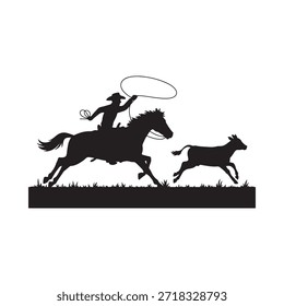 Silhouette of a cowboy roping a calf while riding a horse