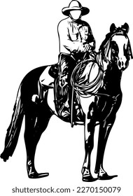 Silueta de vaquero sentado sobre el caballo, dibujo ilustrativo del Cowboy Riding Horse, dibujo de Cowboy