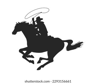 Silhouette of cowboy throwing lasso sitting on rearing up horse, vector illustration isolated on white background. Cowboy or rodeo rider black shape contour.