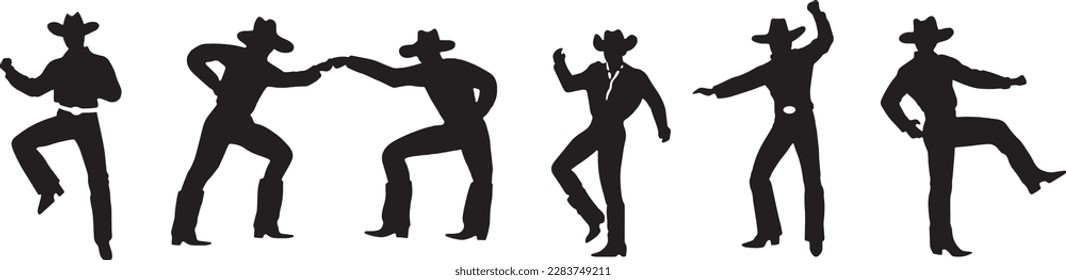 Silhouette von Cowboys tanzen beim Country-Musikfestival. Vektordesign für Tanzwettbewerb