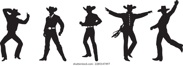 Silhouette of cowboys dancing at the country music festival. Vector design for dance competition