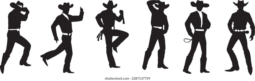 Silhouette of cowboys dancing at the country music festival. Vector design for dance competition