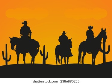 Silhouette de vaqueros a caballo al atardecer. Estilo vaquero. Atardecer en el salvaje oeste. EPS 10.