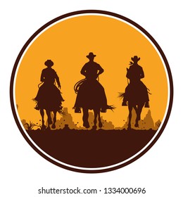 Silhouette of cowboys riding horses in a circle shape, Vector