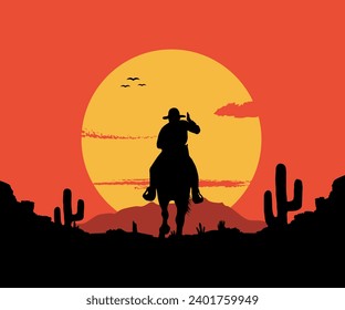 Silhouette de vaqueros montando caballos al atardecer. Caballos montados al atardecer