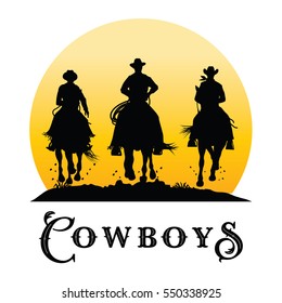 Silhouette of cowboys riding horses at sunset, Vector