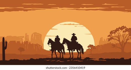 Silhouette of cowboys riding horses through a canyon, with the sun setting in the background.