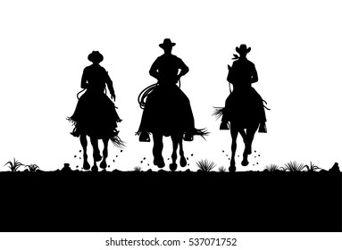 Silhouette Of Cowboys Riding Horses, Vector