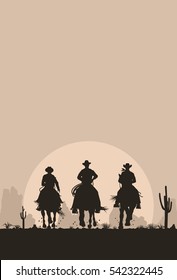 Silhouette of cowboys riding horses, Vector