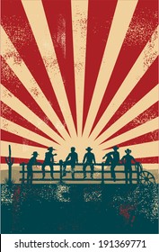 Silhouette of cowboys sitting on fence, vector