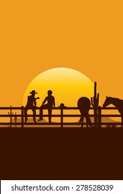 Silhouette of cowboys sitting on fence at sunset, vector