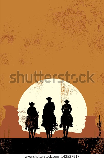 Silhouette Cowboys Sunset Grunge Style Stock Vector (royalty Free 