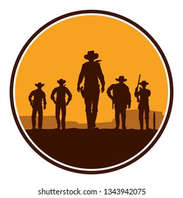 Silhouette of cowboys walking forward in a circle shape, Vector