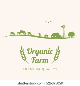 Silhouette of cows in farm with text organic farm, vector