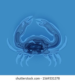 Silhouette of crab cut out of paper. Papercut marine butterflyfish, jellyfish, moonfish, turtle. Craft underwater ocean cave with fishes, coral reef, seabed algae waves, Vector World Ocean Day concept