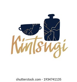Silhouette of cracked bowl and botttle. Simple icon of Kintsugi with calligraphy text. Black illustration of gold repaired pottery. Flat isolated vector pictogram on white background