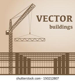 silhouette crane and building construction in retro style. Vector illustration, eps 10, contains transparencies.