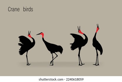 silhouette of crane family foraging on gray background vector illustration