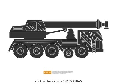 Silhouette crane truck illustration on white background. Isolated construction vehicle car. heavy equipment commercial transportation vehicle flat vector