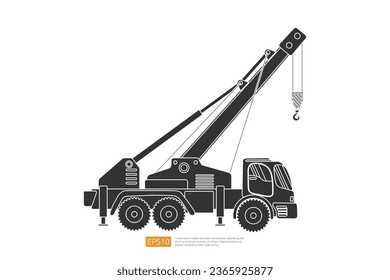 Silhouette crane truck illustration on white background. Isolated construction vehicle car. heavy equipment commercial transportation vehicle flat vector