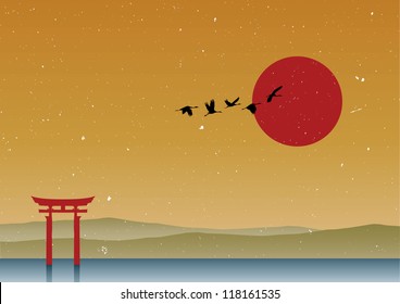 Silhouette of cranes flying in winter at Gate Tori Japan, Vector