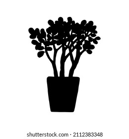 Silhouette Crassula Houseplant. Indoor Potted Plant Vector Outline Black And White Doodle Illustration.