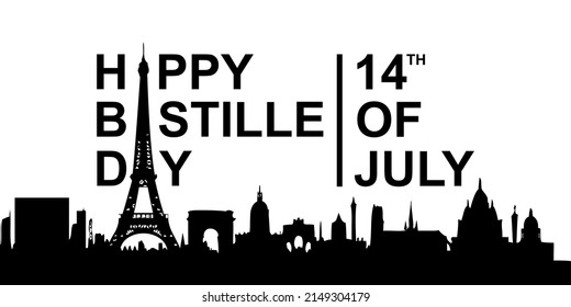 Silhouette creative vector Illustration, Card, Banner Or Poster For The French National Day. 14 july. Happy Bastille Day text.