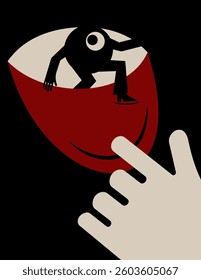 Silhouette of creature with round body, human arms and legs in eye. Flat vector illustration. Creepy horror poster.