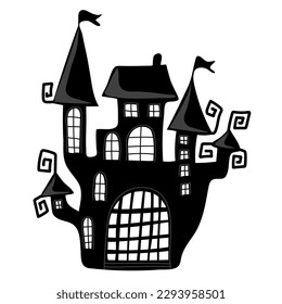 Silhouette of creepy castle. Happy halloween concept. Hand drawn doodle design element for poster, banner, t shirt, card, flyer, invitation. Vector illustration