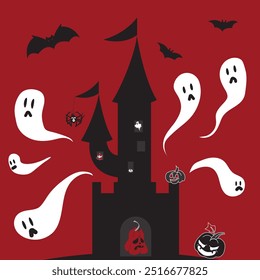 Silhouette of a creepy Halloween castle with ghosts, bats, spiders, pumpkins.