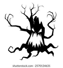 A silhouette of a creepy tree with twisted branches and a menacing expression. It gives off a creepy, haunting vibe, perfect for Halloween or dark art themes.