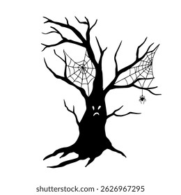 Silhouette of a creepy tree with a web, spider and dry branches. Vector graphics.