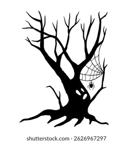 Silhueta de uma árvore assustadora com uma teia, aranha e ramos secos. Gráficos vetoriais.