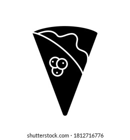 Silhouette Crepe with sauce and berries. Outline icon of thin dessert pancake. Black simple illustration of wrapped triangle of fried dough with topping. Flat isolated vector logo on white background