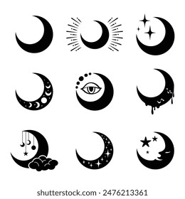 Silhouette of the crescent moon and stars in the night sky Isolated on white background. Set of simple moon line icons. Logo for dream, natural moon.