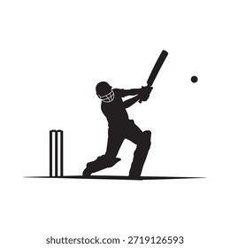 Silhouette of a cricket batsman in action preparing to hit the ball
