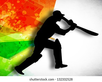 Silhouette of cricket batsman in playing action on colorful grungy background.
