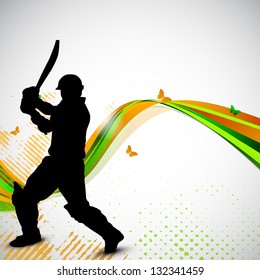 Silhouette of a cricket batsman in playing action on colorful waves background.