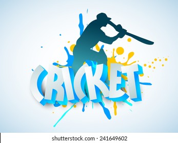 Silhouette of Cricket batsman in playing action with 3D text on sky blue background.