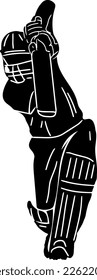 Silhouette of cricket batsman playing stylish shot, cricket straight drive shot black and white vector, line art illustration of indian legend player playing his signature cricket shot