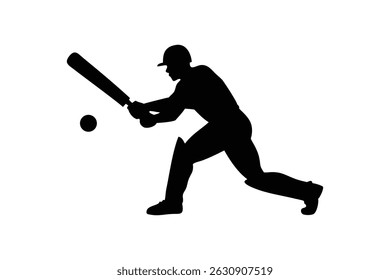Silhouette of a cricket player in batting stance holding a bat, about to strike an incoming ball, isolated on white background, depicting sports action moment.