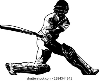 "Silhouette of cricket player hitting ball"
"Vector graphic of batsman playing cricket"
"Cricket player silhouette isolated on white"