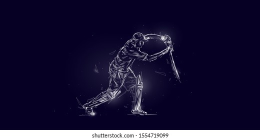 Silhouette of a cricket player, particles, a hologram. Cricket championship. Illustration of Batman playing cricket-vector image