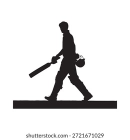 Silhouette of a cricket player walking with bat and helmet