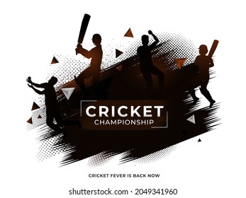 Silhouette Cricket Players In Playing Pose With Brown Brush Effect On Halftone White Background For Cricket Championship Concept.