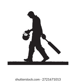 Silhouette of a cricketer walking off the field with bat and helmet