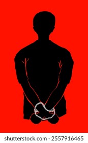 silhouette of a criminal with his hands cuffed on a red background